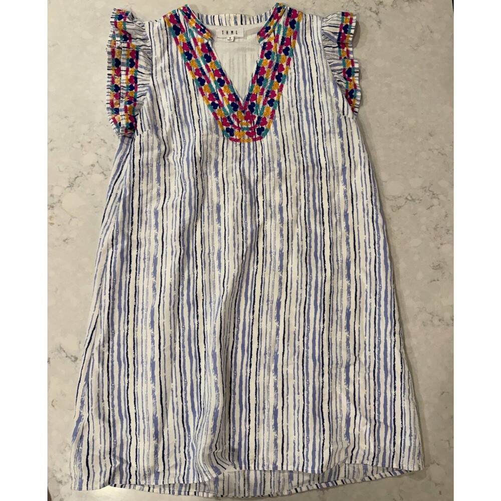 THML White Blue Striped Embroidered V-Neck Ruffle Sleeveless Dress Size S